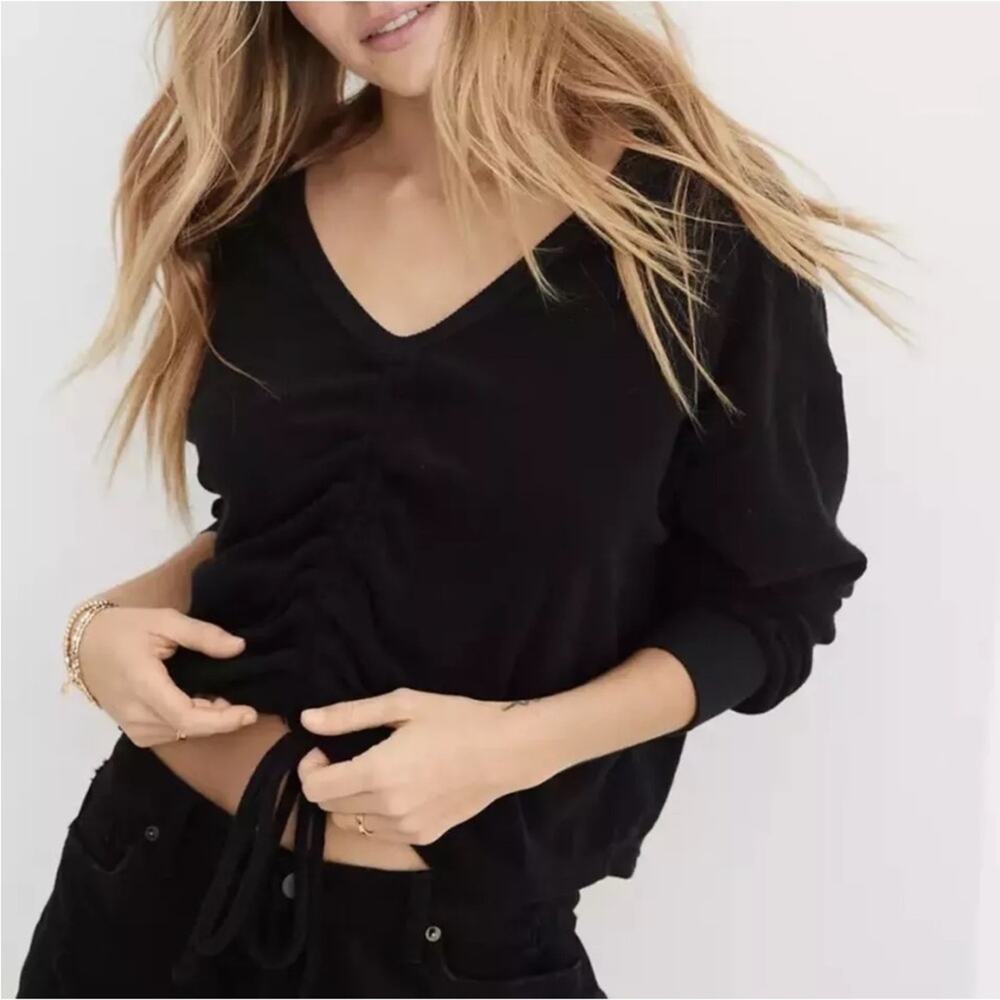 Aerie Terry Cloth Muted Black Long Sleeve Cinch Pullover Sweater Sz XS‎ NEW